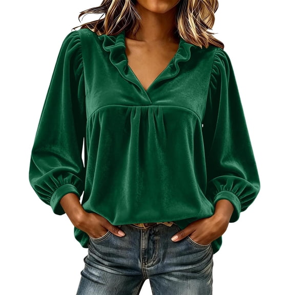 Mineart Ruffled V-Neck Velvet Babydoll Blouse Women Lantern Long Sleeve Christmas Celebration Top Christmas Series