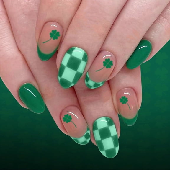 Mineart St.Patrick's Day Green French Plaid Clover Press On Nails 24 Pcs Festive Design Reusable For Daily Manicure And Party