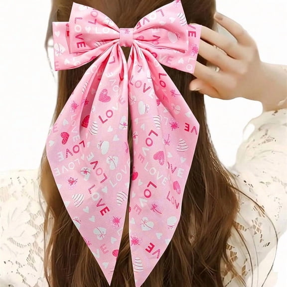 Mineart Valentine's Day Bow Ribbon Spring Hair Barrettes, Heart Red Lip Print Design, Lightweight Secure Clip for Back Head Styling Romantic Holiday Accessory