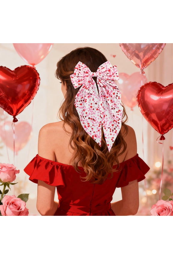 Valentine's Day Bow Ribbon Spring Hair Barrettes, Heart Red Lip Print Design, Lightweight Secure Clip for Back Head Styling Romantic Holiday Accessory