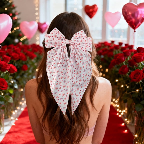 Mineart Valentine's Day Bow Ribbon Spring Hair Barrettes, Heart Red Lip Print Design, Lightweight Secure Clip for Back Head Styling Romantic Holiday Accessory