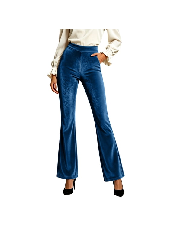 Velvet Flare Trousers for Women High Waist Soft Stretch Side Pockets Dressy Casual Bootcut Pants