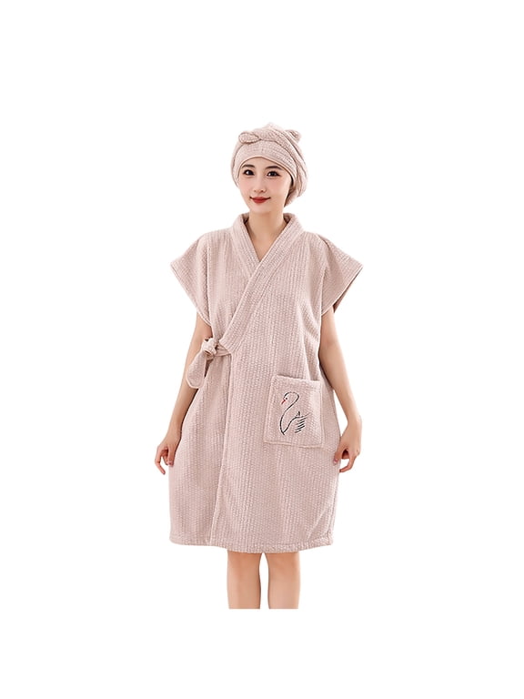 Women Bathrobe Collection Women Absorbent Sleeveless Bath Robe Waffle Texture Swan Embroidery Tie Knot Hand Pockets