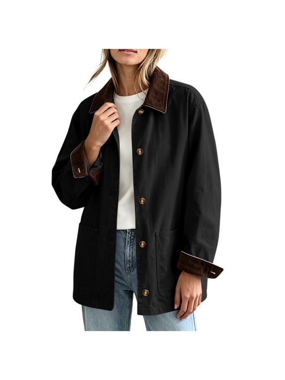 Women Corduroy Contrast Collar Shacket Button Front Mid Length with Large Patch Pockets