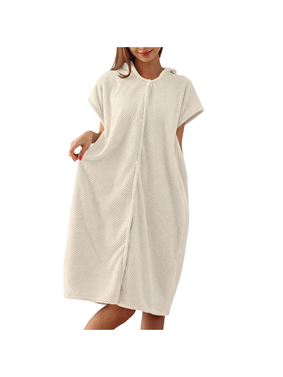 Women Hooded Bathrobe Solid Snap Up Short Sleeve Quick Dry Water Absorbent Sleepwear Nightgown