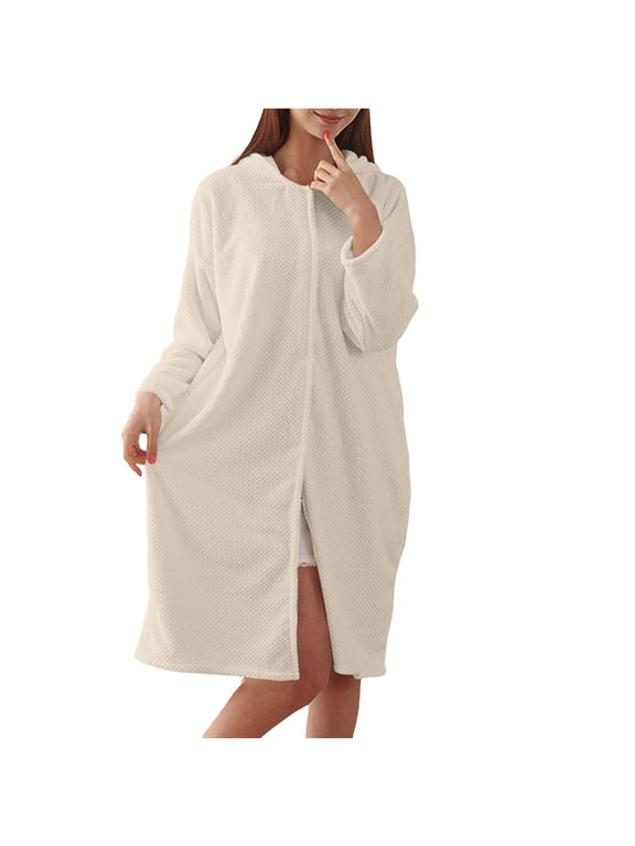 Women Hooded Waffle Bathrobe Solid Zip Up Long Sleeve Quick Dry Water Absorbent Sleepwear Nightgown