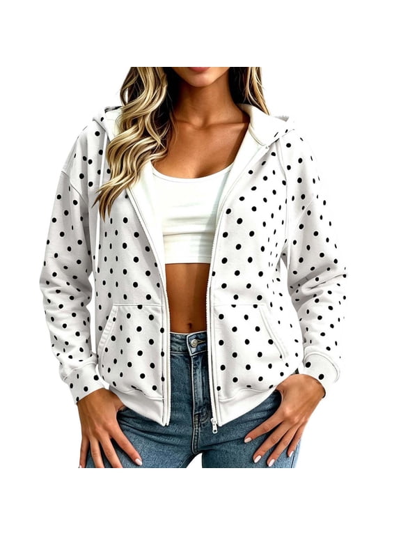 Women Hooded Zip Jacket Polka Dot Print Adjustable Drawstring Front Pockets for Daily Layering