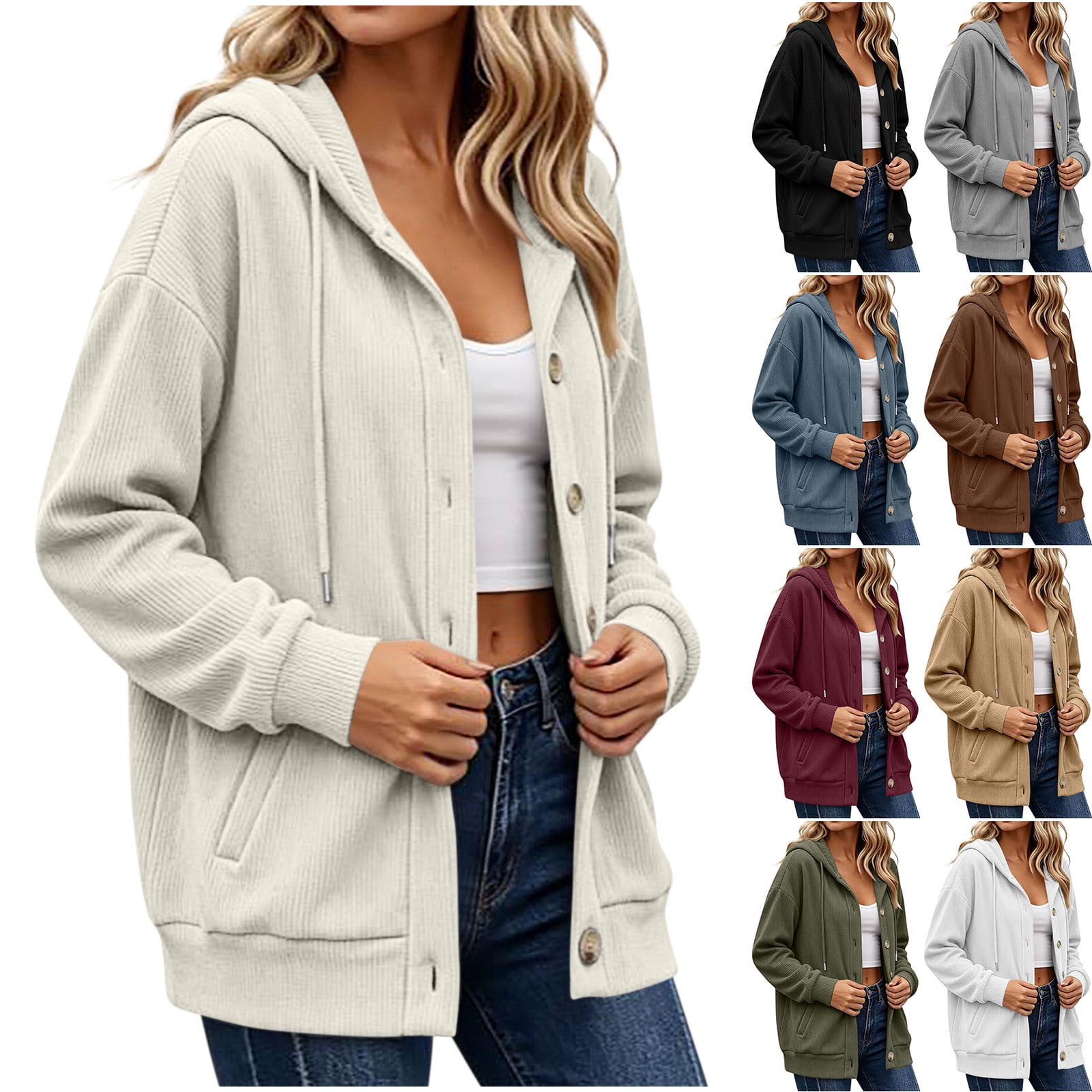 Mineart Women Long Sleeve Ribbed Texture Shacket Jacket Button Down Hooded Coats Cardigan Outerwear