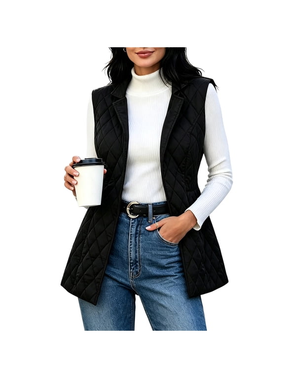 Women Quilted Vest Lapel Collar Sleeveless with Pockets Warm Casual Outerwear