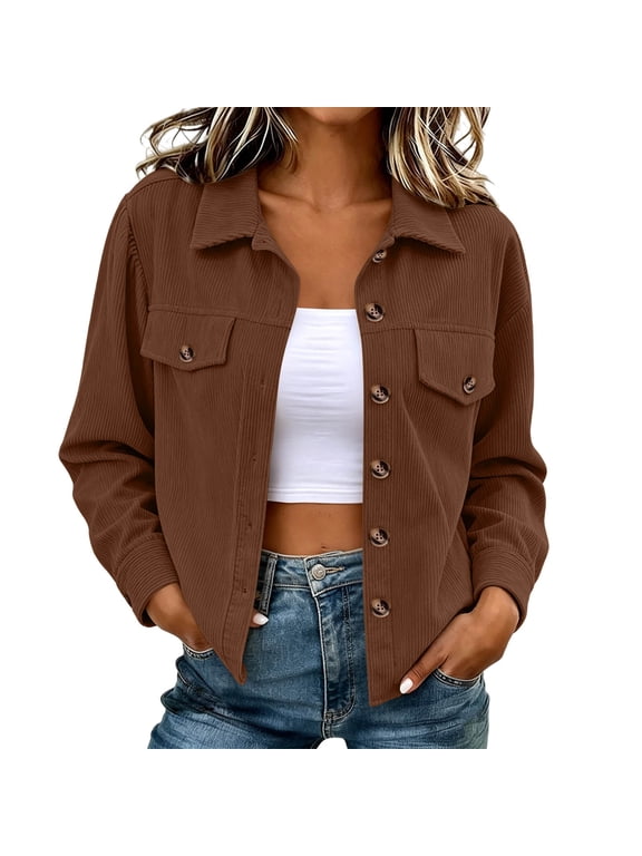 Women Solid Corduroy Shacket Lapel Collar Long Sleeve Casual Outer Coat for Weekday Wear
