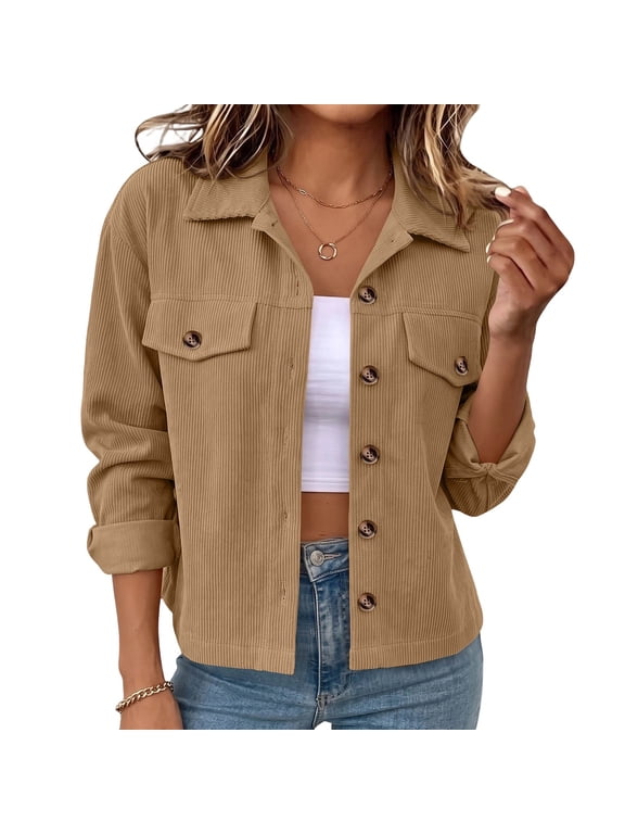 Women Solid Corduroy Shacket Lapel Collar Long Sleeve Casual Outer Coat for Weekday Wear