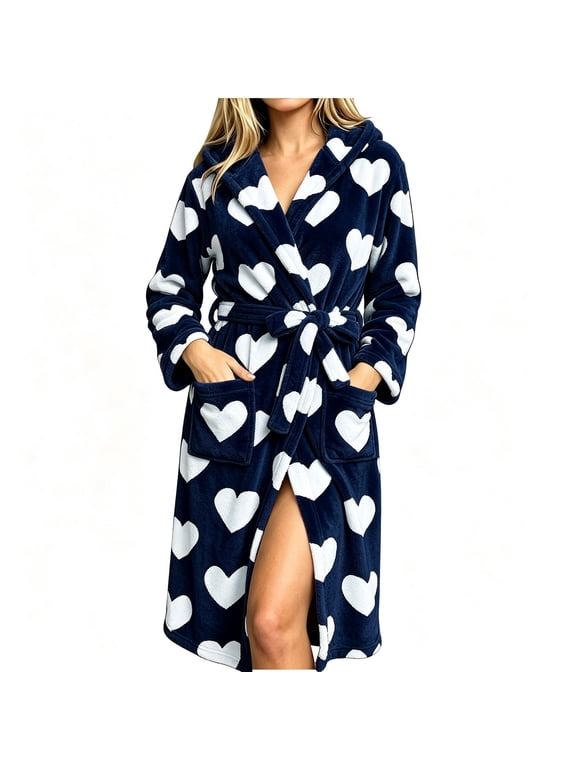 Women's Cozy Heart Print Hooded Bath Robe Long Sleeve with Pockets Warm Robe Flannel
