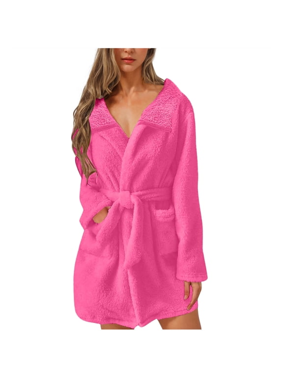 Womens Fleece Bath Robe Shawl Collar Short Wrap Robe Warm Plush Loungewear with Tie Belt