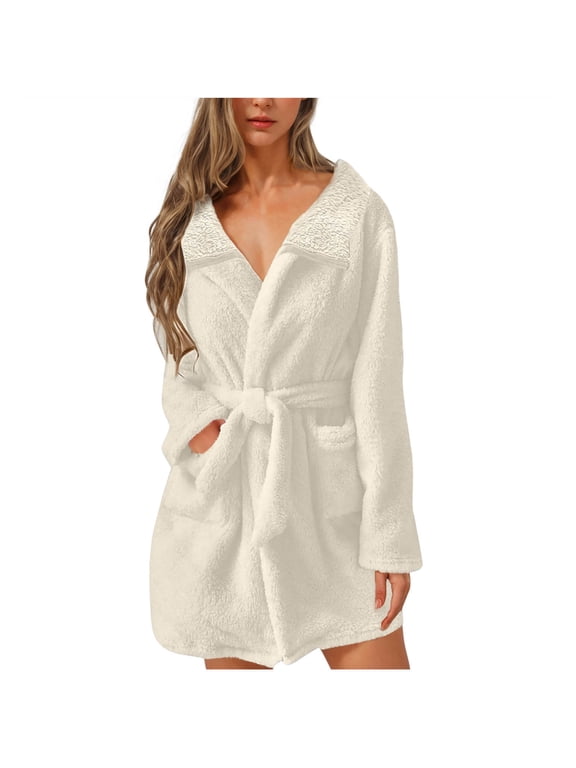 Womens Fleece Bath Robe Shawl Collar Short Wrap Robe Warm Plush Loungewear with Tie Belt