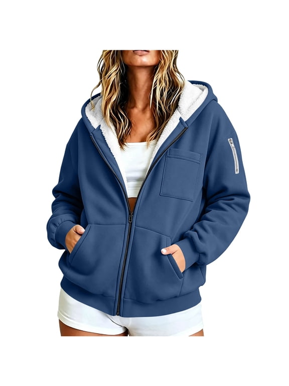 Womens Fleece Lined Hooded Jacket Zip Front Loose Fit Side Pockets Winter Coat