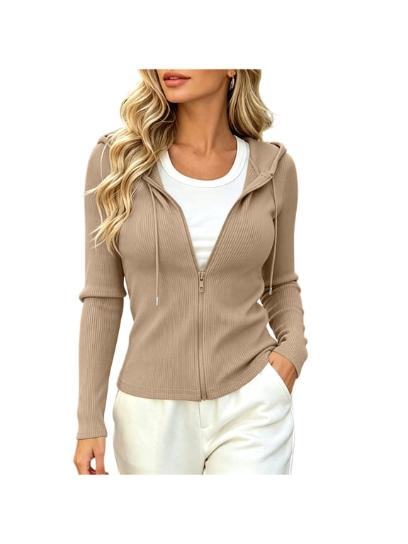 Womens Full Zip Up Hoodies Soft Knit Sweater Long Sleeve Drawstring Coat Comfortable Soft Casual Trendy Oversized Cardigans Blouse