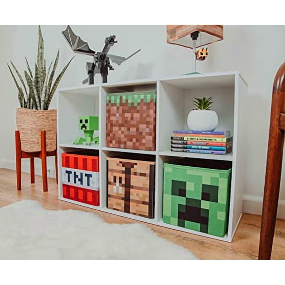 Minecraft 10-Inch Storage Set of 4 Bins | Includes Creeper, TNT, Grass, Crafting Table | Fabric Basket Container, Cubby Closet Organizer, Home Decor for Playroom | Video Game Gifts