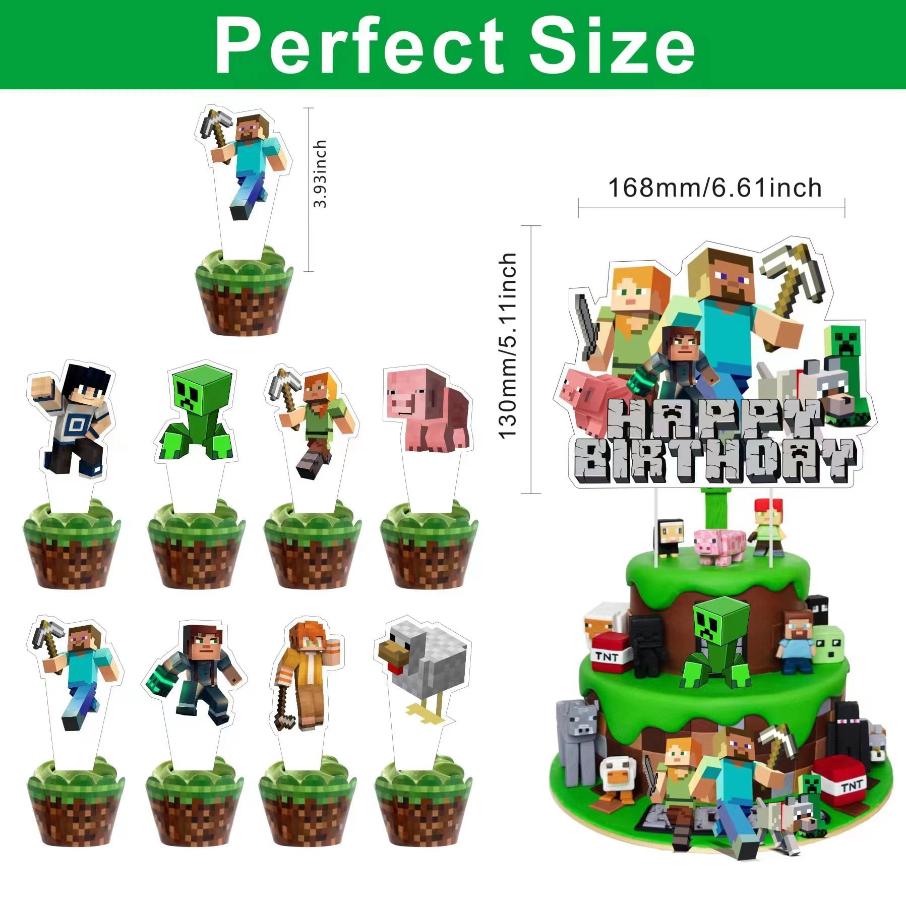 Minecraft 13 Pcs Pixel Miner Cake Toppers for Kids Minecraft Party Cake Toppers Birthday Party Supplies Decorations for Boys Girls