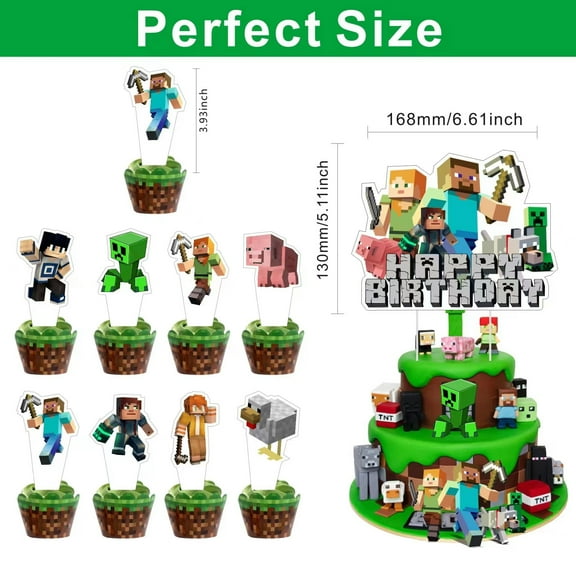 Minecraft 13 Pcs Pixel Miner Cake Toppers for Kids Minecraft Party Cake Toppers Birthday Party Supplies Decorations for Boys Girls