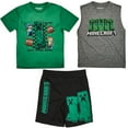 thumbnail image 1 of Minecraft 3-Pack Boy's Green Short Sleeve Tee, Gray Muscle Tank, Black Athletic Shorts Set, 1 of 7
