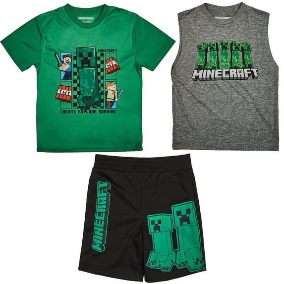 Minecraft 3-Pack Boy's Green Short Sleeve Tee, Gray Muscle Tank, Black Athletic Shorts Set