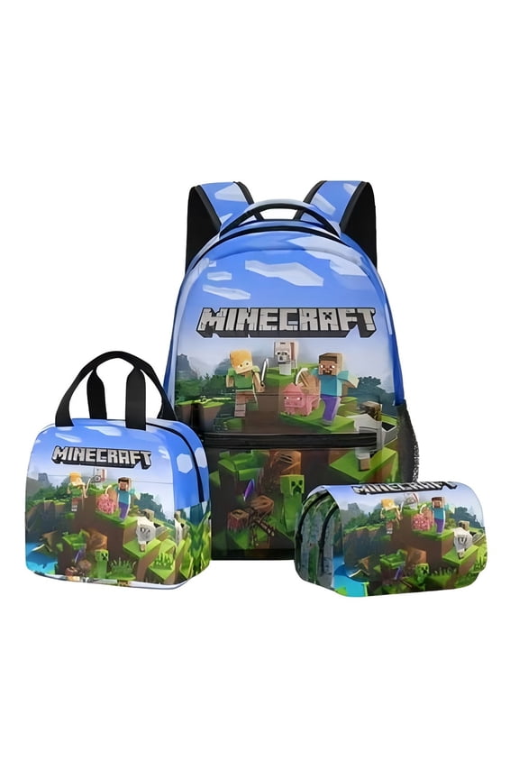Minecraft 3D-themed waterproof backpack, lightweight travel bag, three-piece set