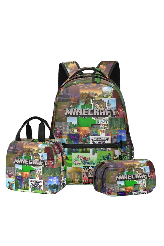Minecraft 3D-themed waterproof backpack, lightweight travel bag, three-piece set