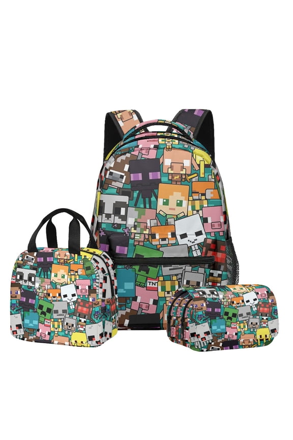 Minecraft 3D-themed waterproof backpack, lightweight travel bag, three-piece set