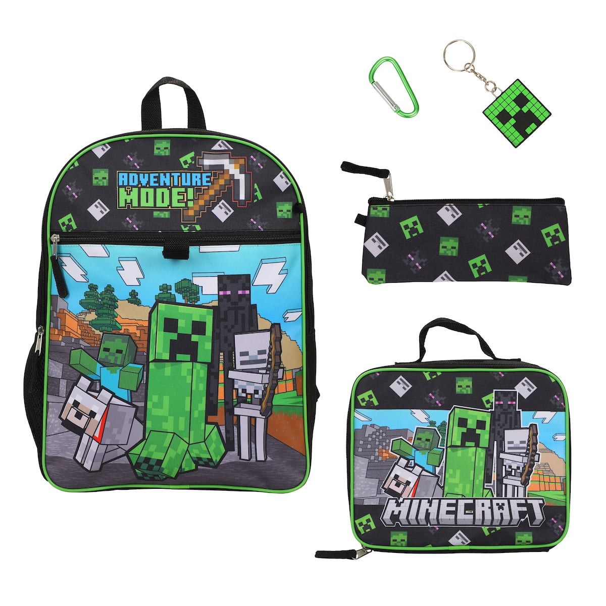 Minecraft 5-Piece Set: 16″ Backpack, Lunchbox, Utility Case, Rubber Keychain, and Carabiner