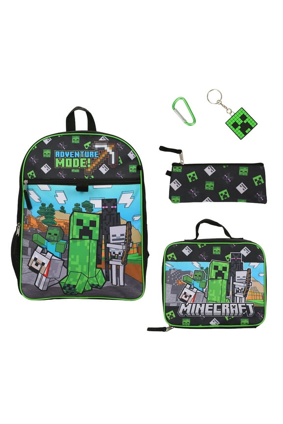 Minecraft 5-Piece Set: 16 Backpack Lunchbox Utility Case Rubber Keychain and Carabiner