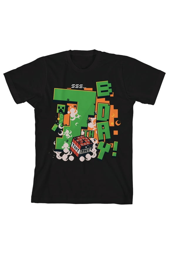 Minecraft 7th B Day Boy's Black Crew Neck Short Sleeve T-shirt-Small