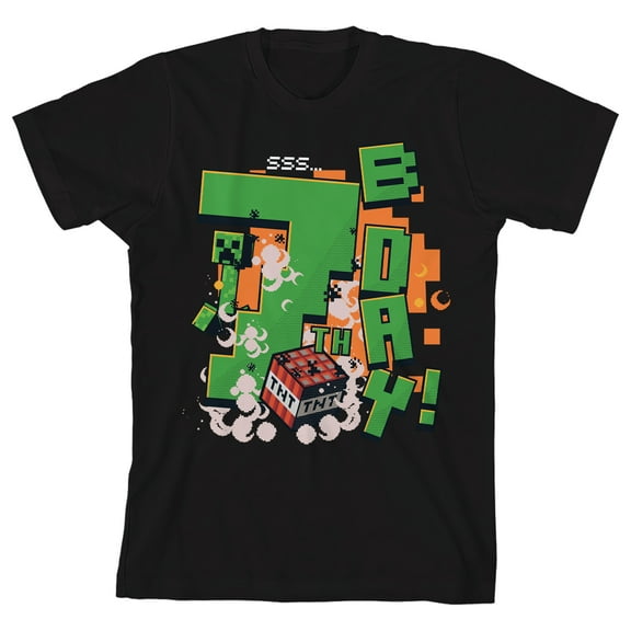 Minecraft 7th B Day Boy's Black Crew Neck Short Sleeve T-shirt-Small
