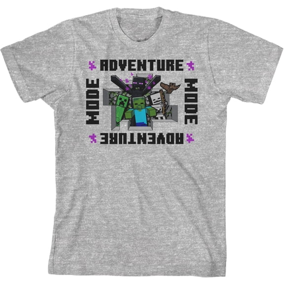 Minecraft Adventure Mode with Characters Youth Heather Gray Short Sleeve Crew Neck Tee-Medium