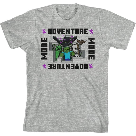 Minecraft Adventure Mode with Characters Youth Heather Gray Short Sleeve Crew Neck Tee-XS