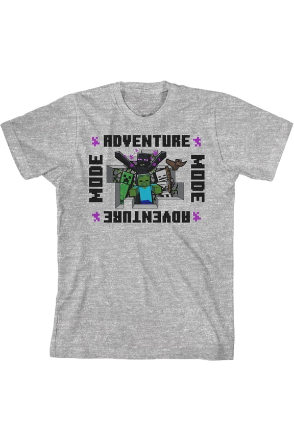 Minecraft Adventure Mode with Characters Youth Heather Gray Short Sleeve Crew Neck Tee-XS