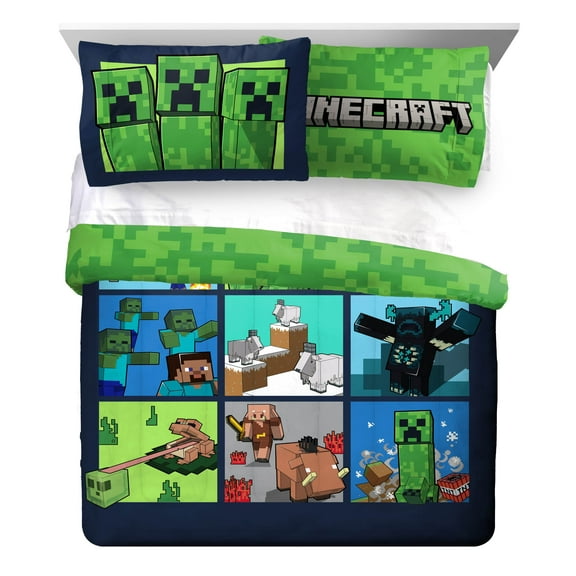 Minecraft Against Mobs 3-Piece 86" x 86" Reversible Queen Comforter and 20" x 30" Pillowcase Set, Polyester, Multicolor, Mojang