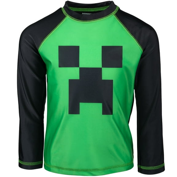 Minecraft Alex Steve Big Boys Raglan Long Sleeve Rash Guard Swim Shirt Blue 10-12