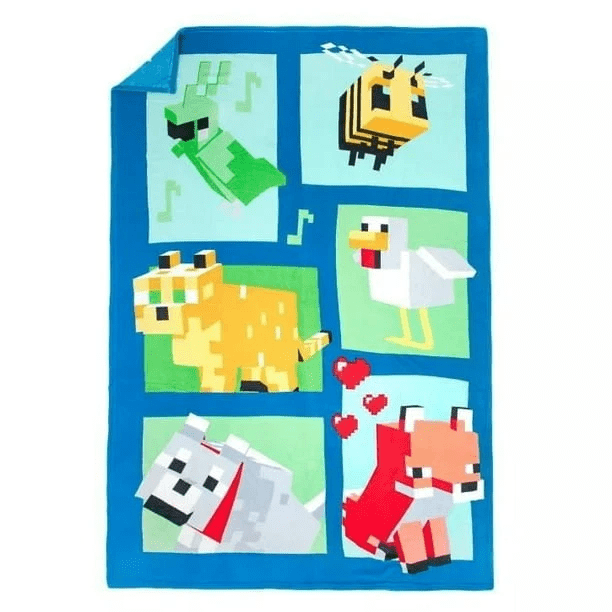 Minecraft Animals Fleece Blanket, Blue Pixel Art Collage with Bee ...