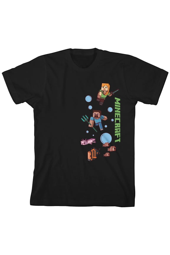 Minecraft Art With Puff Print Boy's Black T-shirt-Large