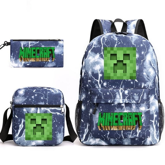 Minecraft Backpack Game My World Student Large Capacity Printed Three-Piece Set Backpack for Men and Women,Lightning Blue~1