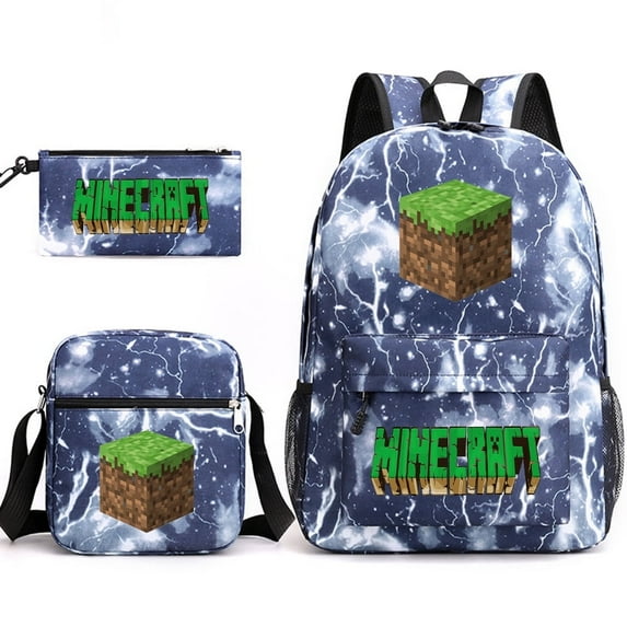 Minecraft Backpack Game My World Student Large Capacity Printed Three-Piece Set Backpack for Men and Women,Lightning Blue~3