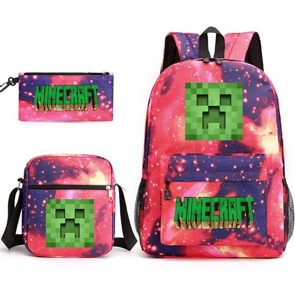 Minecraft Backpack Game My World Student Large Capacity Printed Three-Piece Set Backpack for Men and Women,Starry Sky Red~1