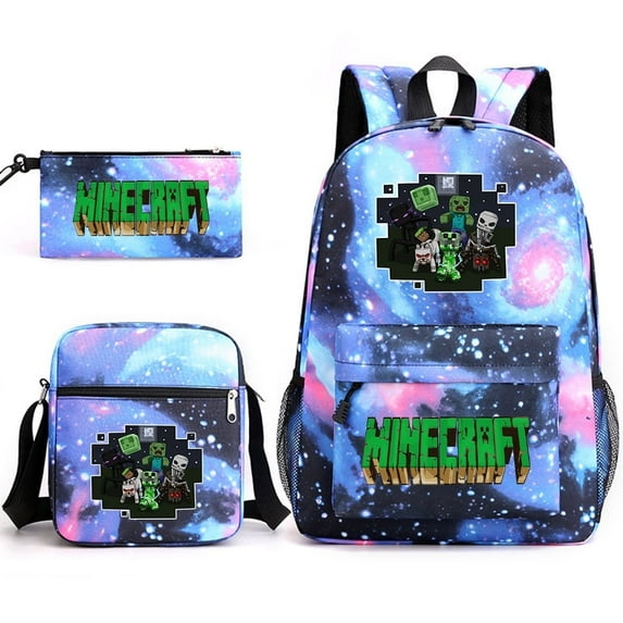Minecraft Backpack Game My World Student Large Capacity Printed Three-Piece Set Backpack for Men and Women,Starry sky blue~2