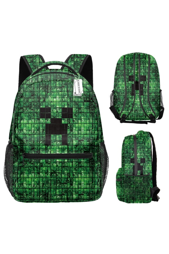 Minecraft Backpack| Gamer Black Rucksack | Green Creeper Zombie Skeleton Enderman & Cave Spider