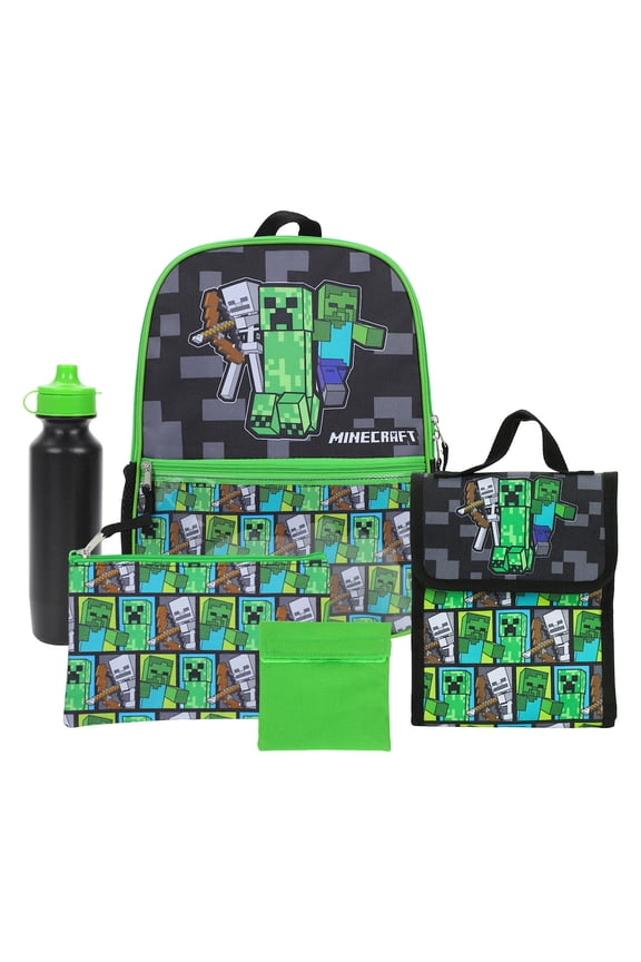 Minecraft Backpack Set with Lunch Box for Boys & Girls 16 inch 5 Piece Value Set