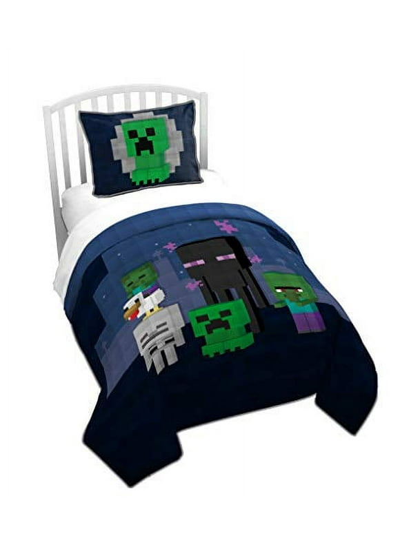 Minecraft Bad Night Full/Queen Quilt & Sham Set, 100% Microfiber, Navy Blue, Gaming Bedding