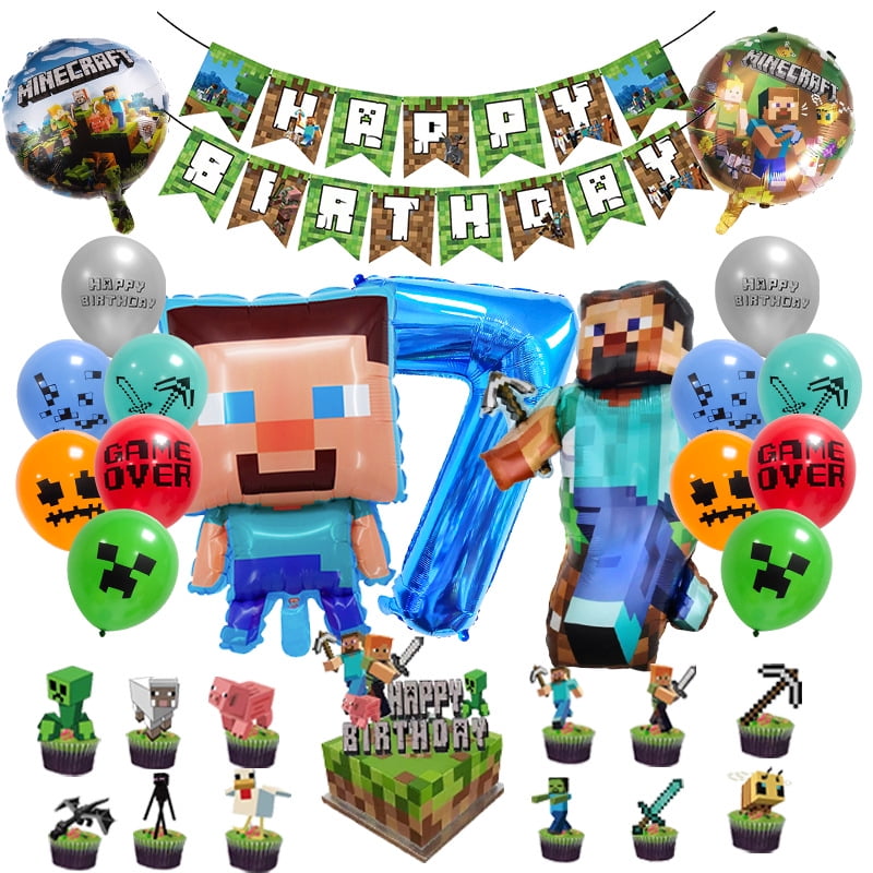 Minecraft Balloons Birthday , Gaming Birth-day Decoration 7 Years Boy Girl Game Theme Party Accessory Set Includes Happy Birthday Banner Balloons Tablecloth Party Decoration Set