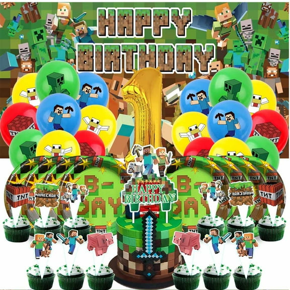 Minecraft Balloons Party Supplies 1st Decor Tableware Birthday Cake Topper Decorations Banner Backdrop