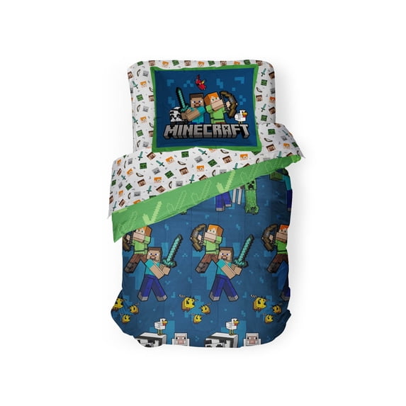 Minecraft Battle Time Blue & Green 5 Piece Twin Bed Set w/ Sham, 100% Microfiber