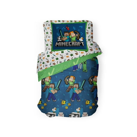Minecraft Battle Time Blue & Green 5 Piece Twin Bed Set w/ Sham, 100% Microfiber